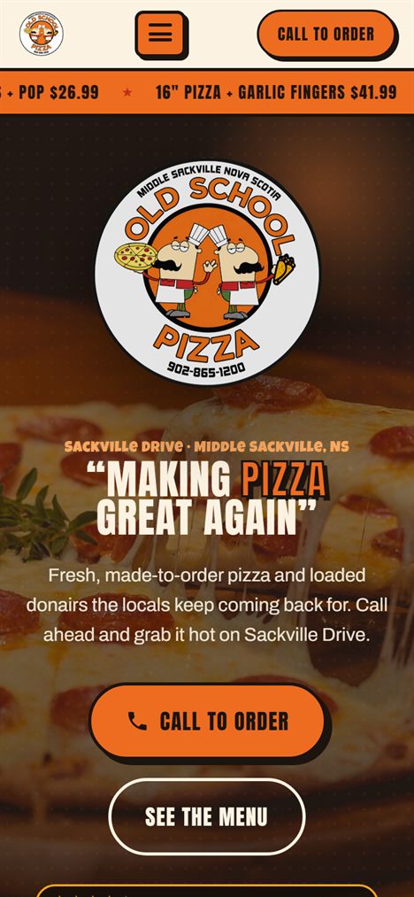 Old School Pizza website on a phone, built by Alp Web Studio